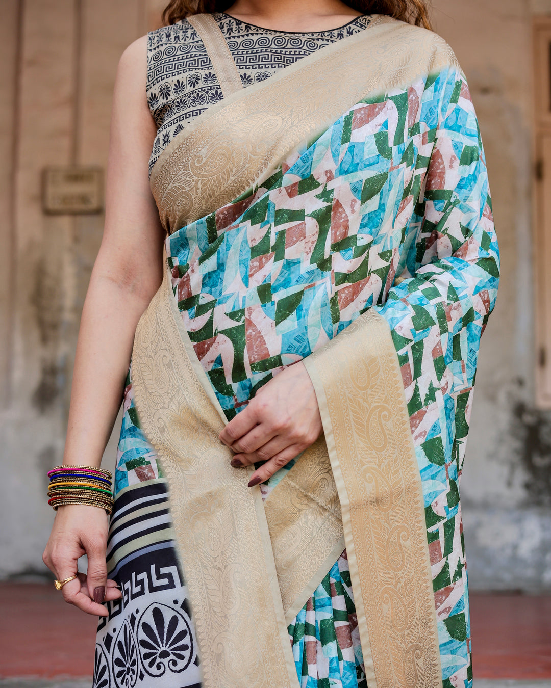 Aqua Green Tussar Silk Saree with Abstract Geometric Print, Gold Zari Border & Monochrome Statement Pallu