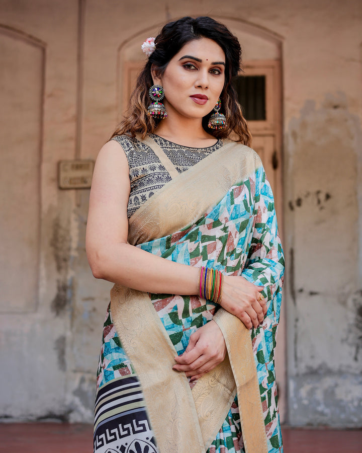 Aqua Green Tussar Silk Saree with Abstract Geometric Print, Gold Zari Border & Monochrome Statement Pallu