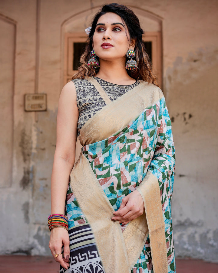 Aqua Green Tussar Silk Saree with Abstract Geometric Print, Gold Zari Border & Monochrome Statement Pallu