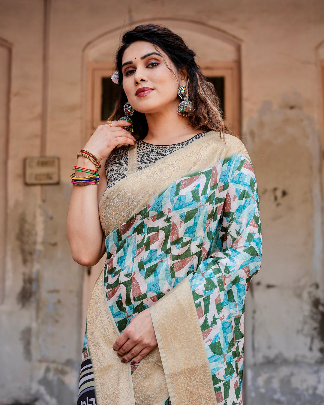 Aqua Green Tussar Silk Saree with Abstract Geometric Print, Gold Zari Border & Monochrome Statement Pallu