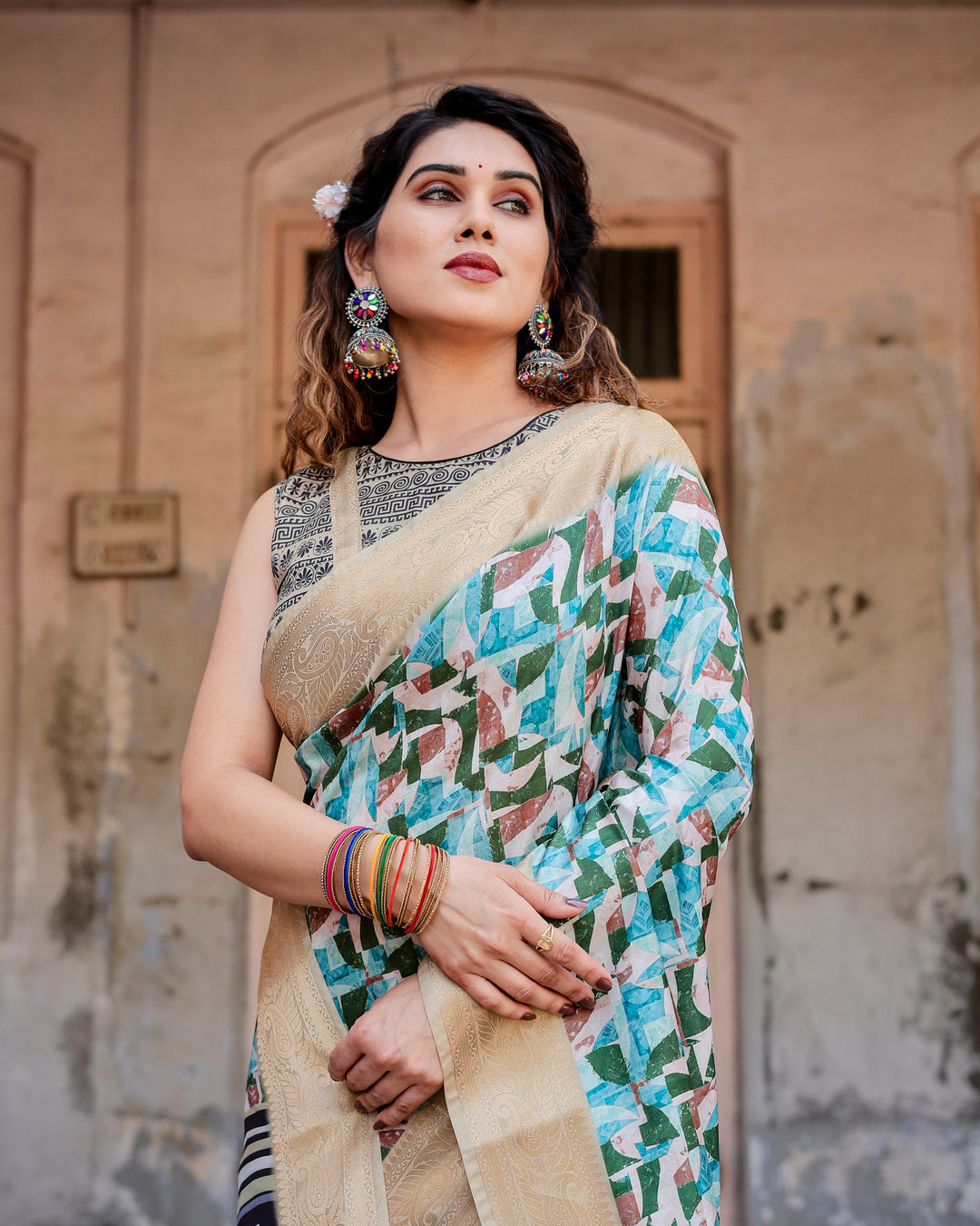 Aqua Green Tussar Silk Saree with Abstract Geometric Print, Gold Zari Border & Monochrome Statement Pallu