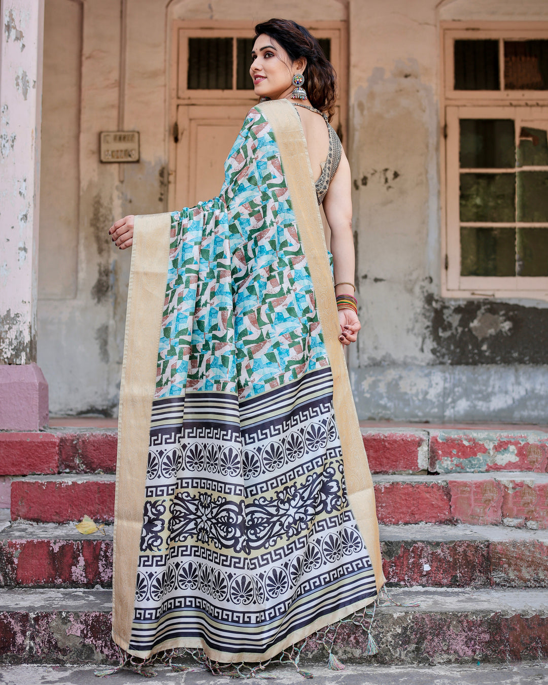Aqua Green Tussar Silk Saree with Abstract Geometric Print, Gold Zari Border & Monochrome Statement Pallu