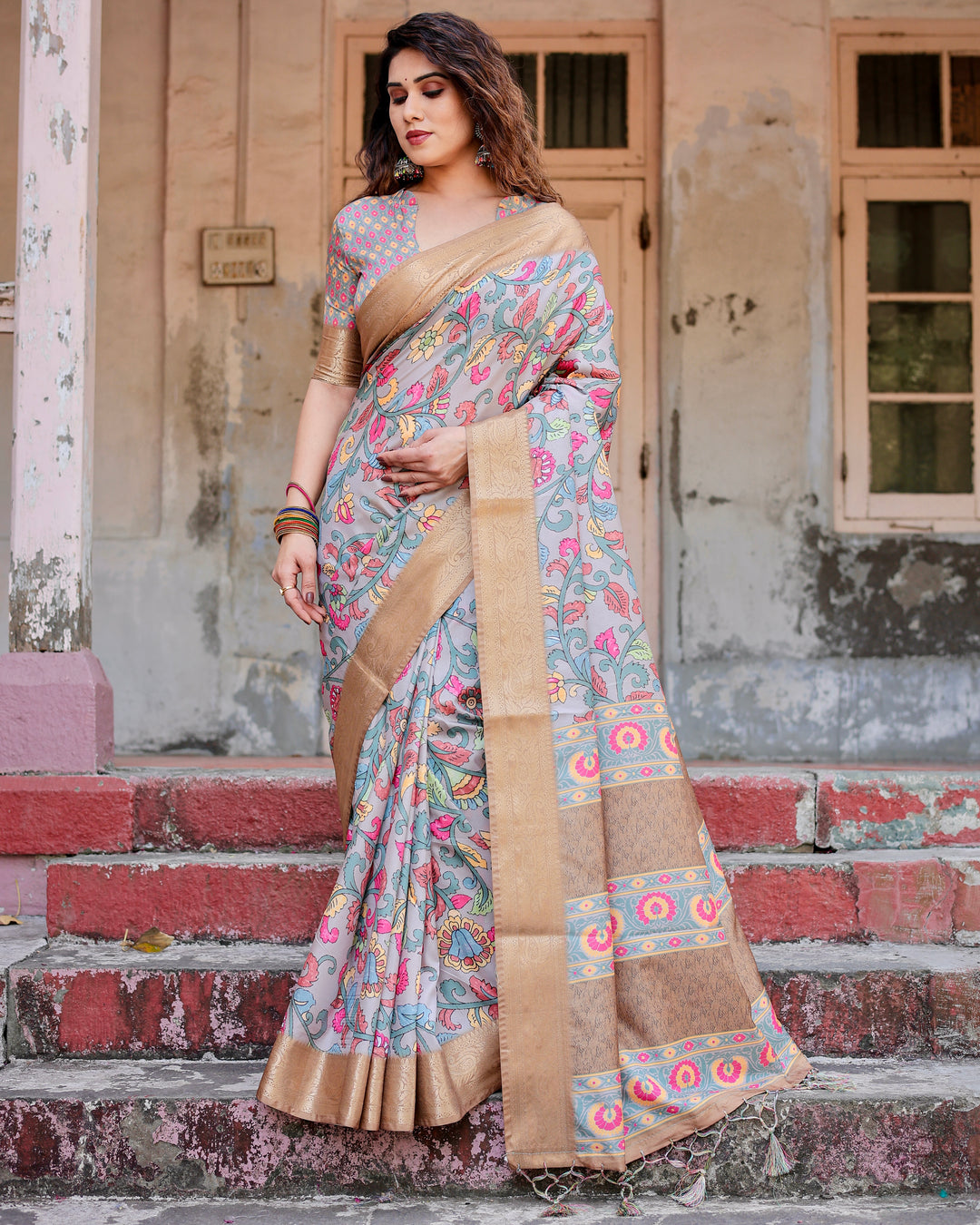 Powder Blue Tussar Silk Saree with Multicolour Kalamkari Floral Print, Antique Gold Zari Border & Tassels