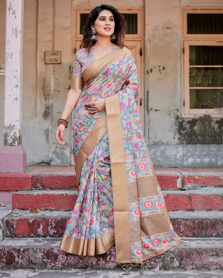 Powder Blue Tussar Silk Saree with Multicolour Kalamkari Floral Print, Antique Gold Zari Border & Tassels
