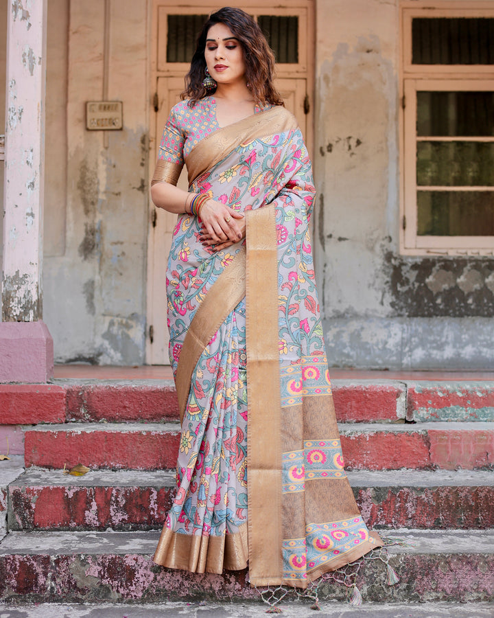 Powder Blue Tussar Silk Saree with Multicolour Kalamkari Floral Print, Antique Gold Zari Border & Tassels