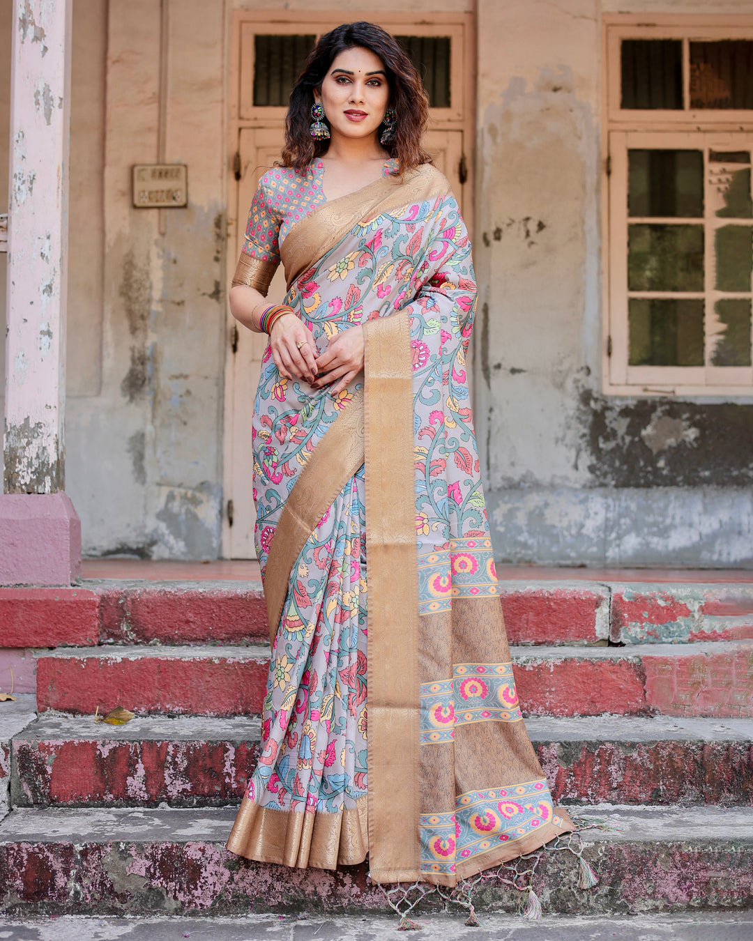 Powder Blue Tussar Silk Saree with Multicolour Kalamkari Floral Print, Antique Gold Zari Border & Tassels