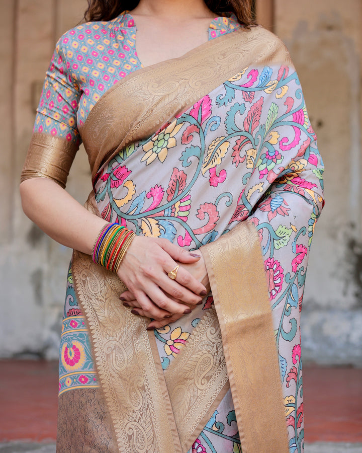 Powder Blue Tussar Silk Saree with Multicolour Kalamkari Floral Print, Antique Gold Zari Border & Tassels