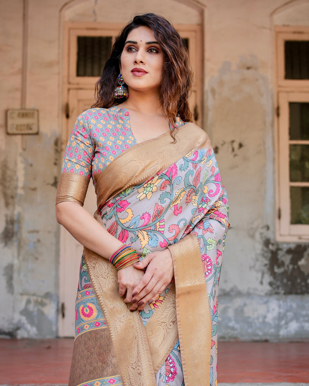 Powder Blue Tussar Silk Saree with Multicolour Kalamkari Floral Print, Antique Gold Zari Border & Tassels