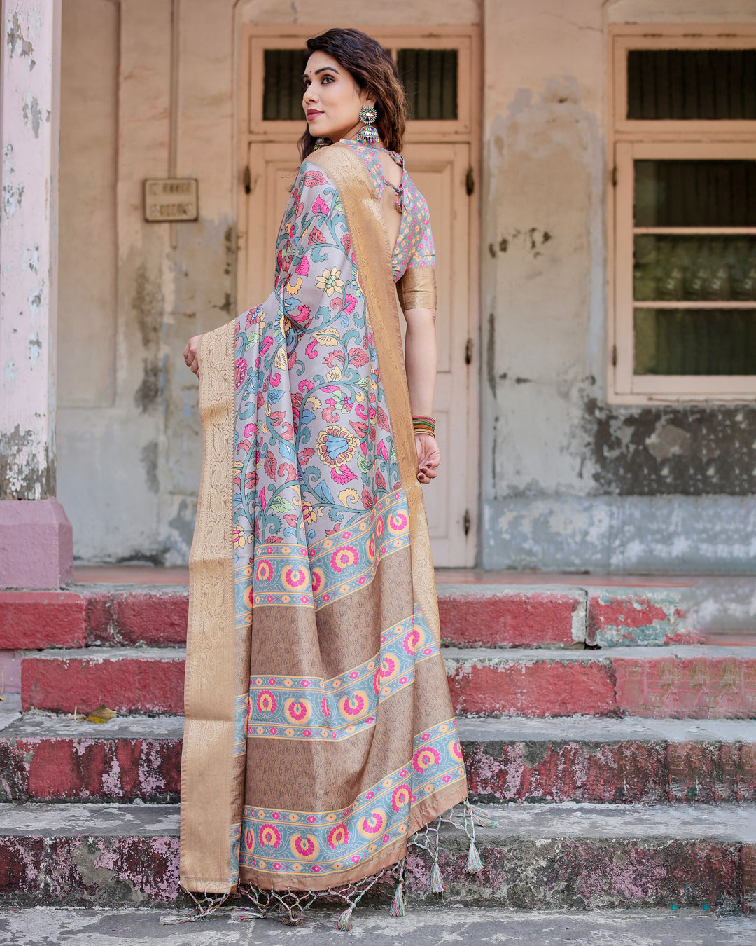 Powder Blue Tussar Silk Saree with Multicolour Kalamkari Floral Print, Antique Gold Zari Border & Tassels