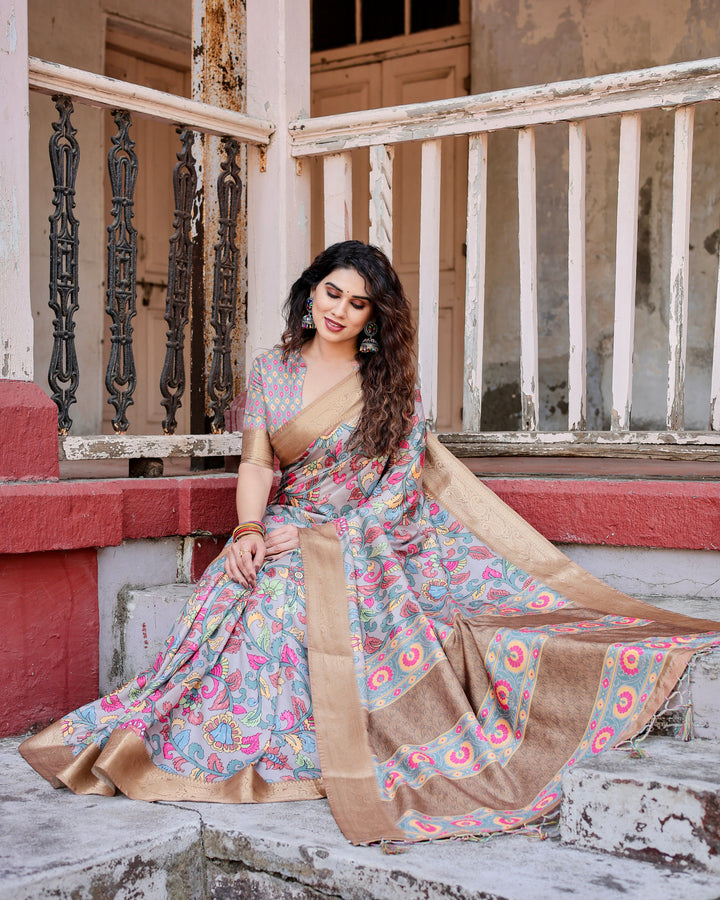 Powder Blue Tussar Silk Saree with Multicolour Kalamkari Floral Print, Antique Gold Zari Border & Tassels