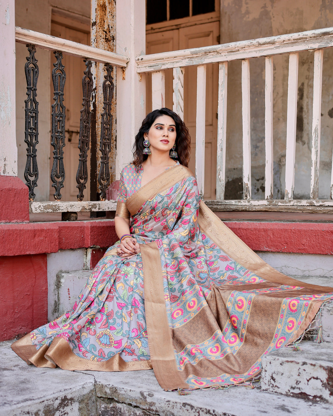 Powder Blue Tussar Silk Saree with Multicolour Kalamkari Floral Print, Antique Gold Zari Border & Tassels