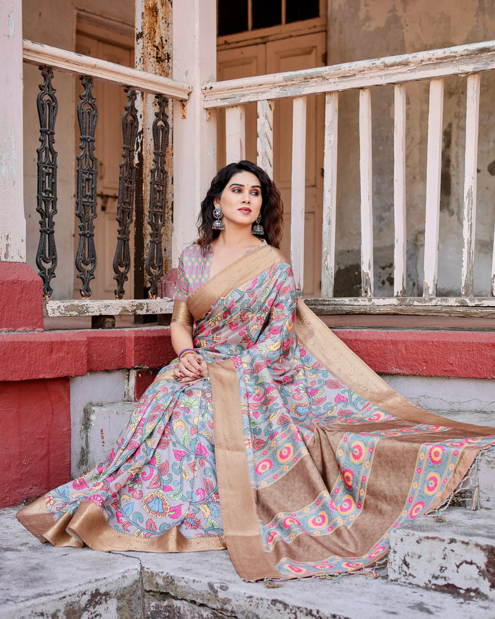 Powder Blue Tussar Silk Saree with Multicolour Kalamkari Floral Print, Antique Gold Zari Border & Tassels