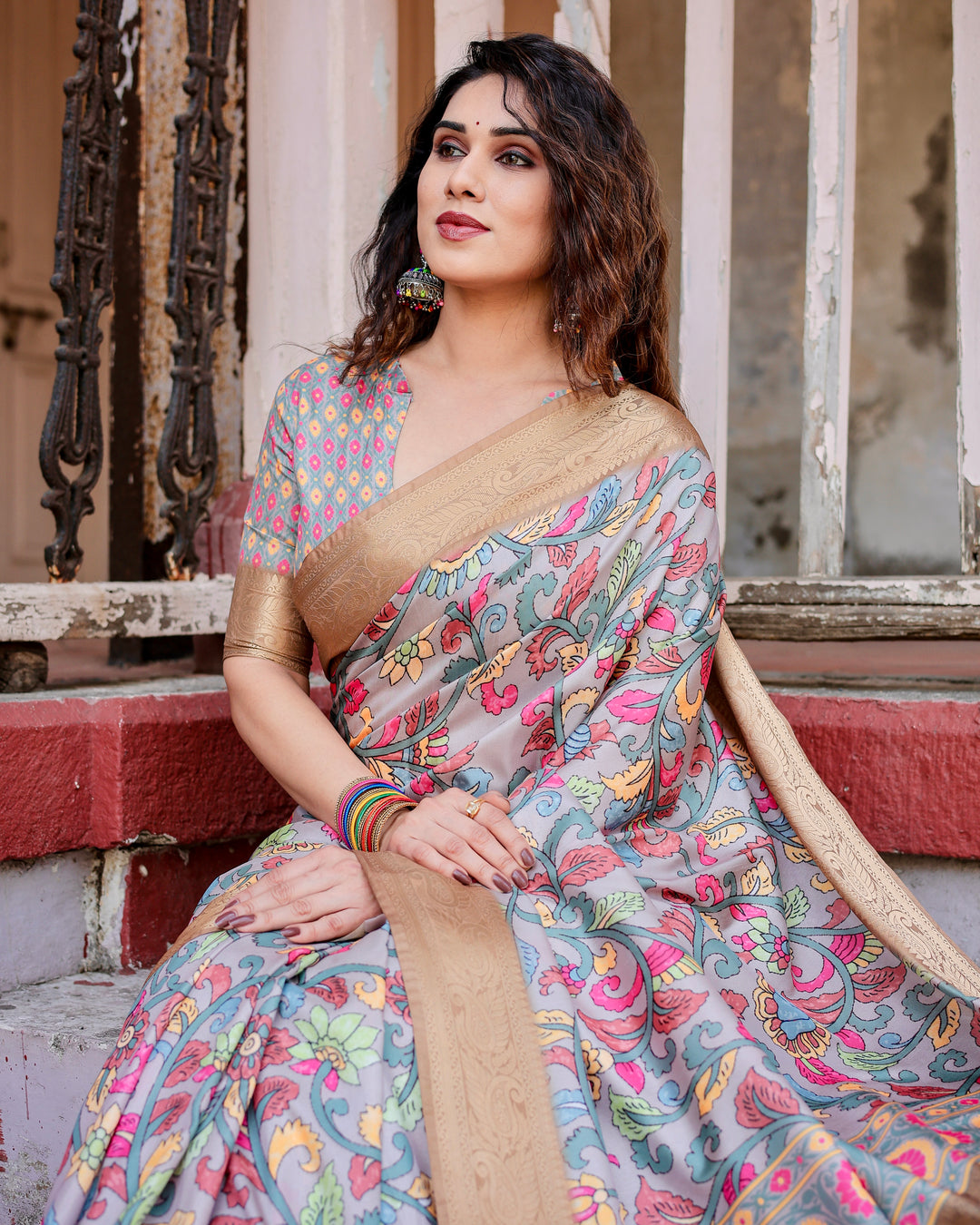 Powder Blue Tussar Silk Saree with Multicolour Kalamkari Floral Print, Antique Gold Zari Border & Tassels