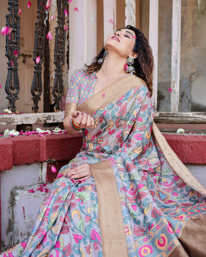 Powder Blue Tussar Silk Saree with Multicolour Kalamkari Floral Print, Antique Gold Zari Border & Tassels
