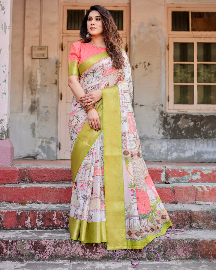 Ivory Tussar Silk Saree with Heritage Print, Lime Green Woven Border, Tassels & Attached Blouse