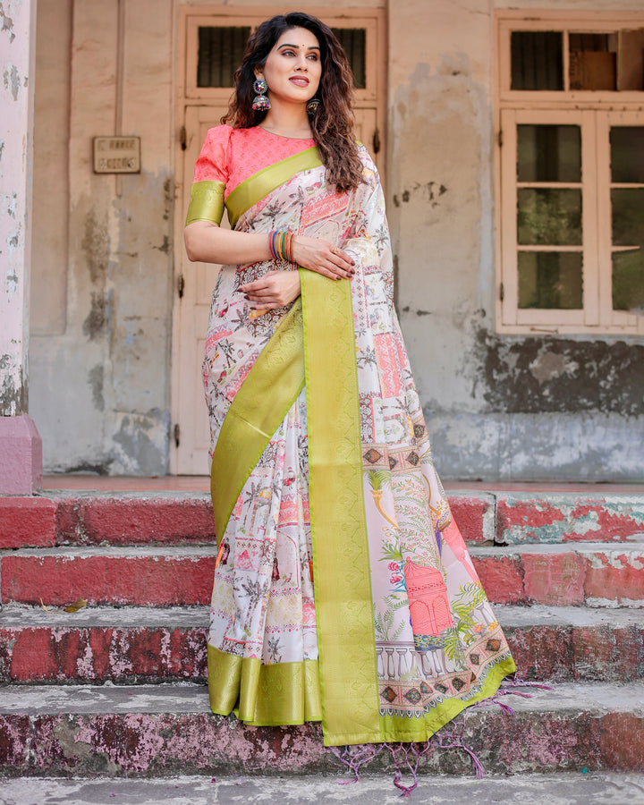 Ivory Tussar Silk Saree with Heritage Print, Lime Green Woven Border, Tassels & Attached Blouse