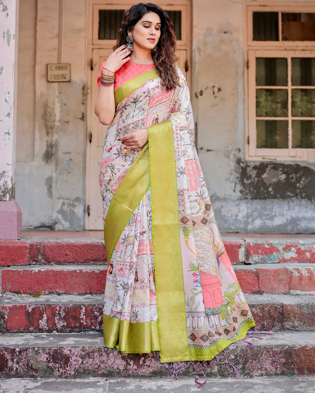 Ivory Tussar Silk Saree with Heritage Print, Lime Green Woven Border, Tassels & Attached Blouse