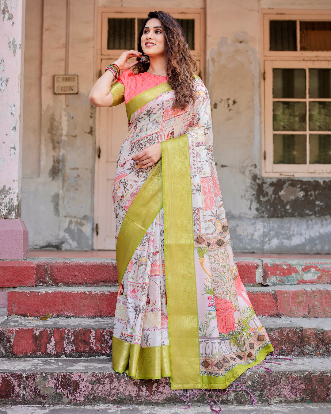 Ivory Tussar Silk Saree with Heritage Print, Lime Green Woven Border, Tassels & Attached Blouse