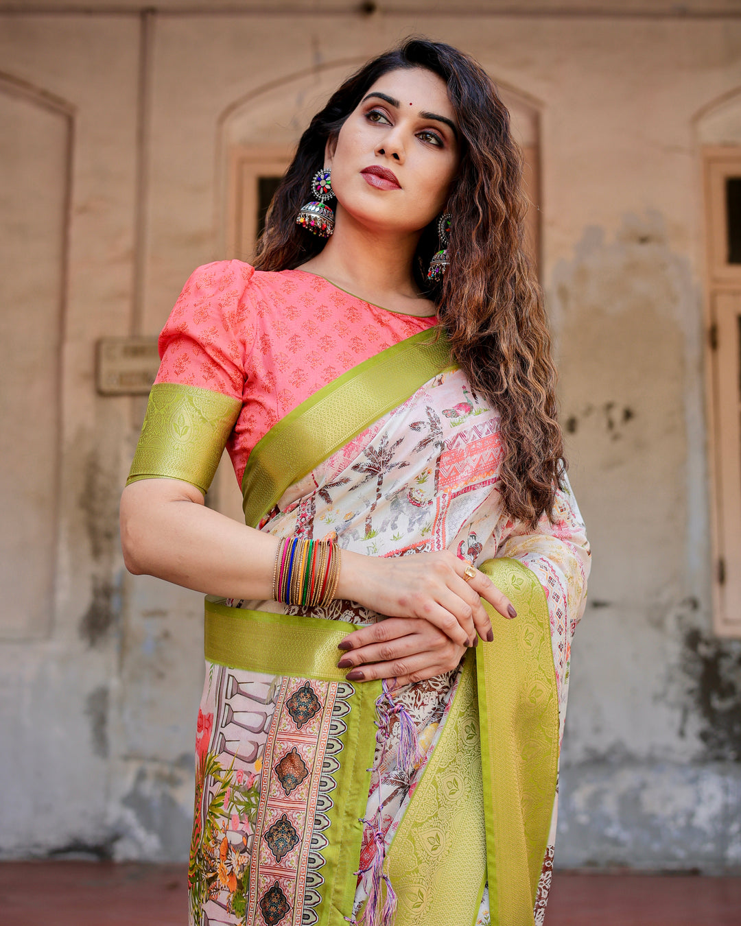 Ivory Tussar Silk Saree with Heritage Print, Lime Green Woven Border, Tassels & Attached Blouse