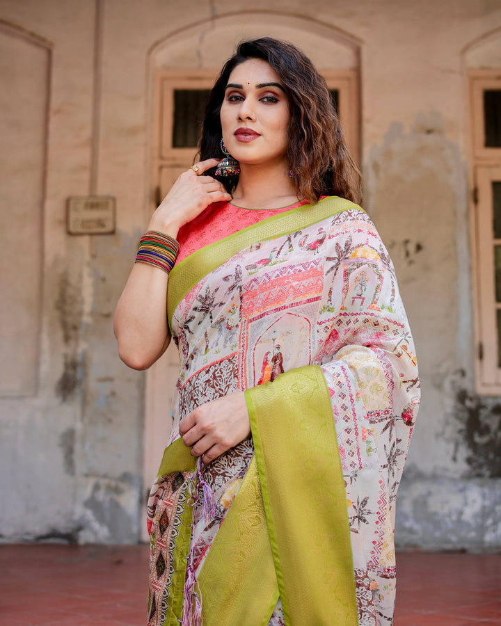 Ivory Tussar Silk Saree with Heritage Print, Lime Green Woven Border, Tassels & Attached Blouse