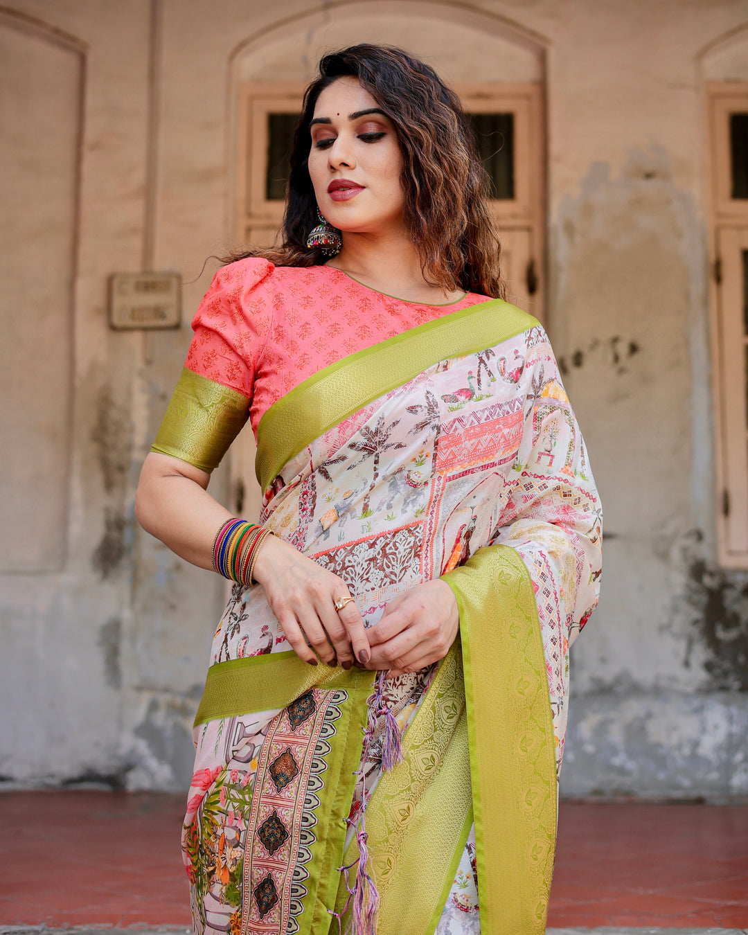 Ivory Tussar Silk Saree with Heritage Print, Lime Green Woven Border, Tassels & Attached Blouse