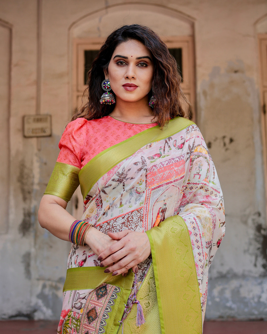 Ivory Tussar Silk Saree with Heritage Print, Lime Green Woven Border, Tassels & Attached Blouse