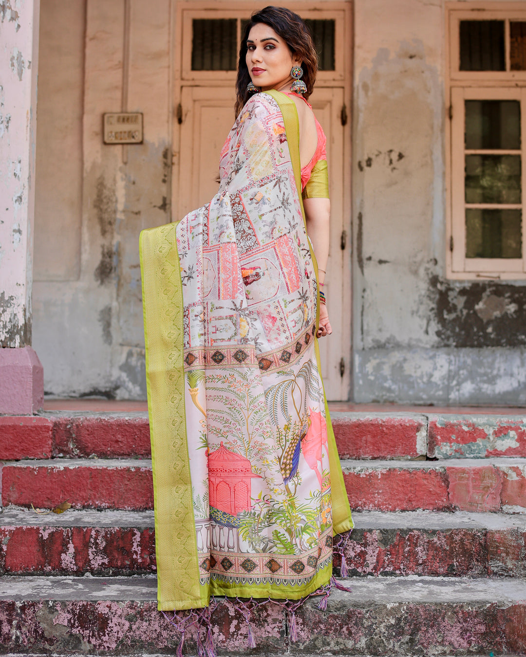 Ivory Tussar Silk Saree with Heritage Print, Lime Green Woven Border, Tassels & Attached Blouse