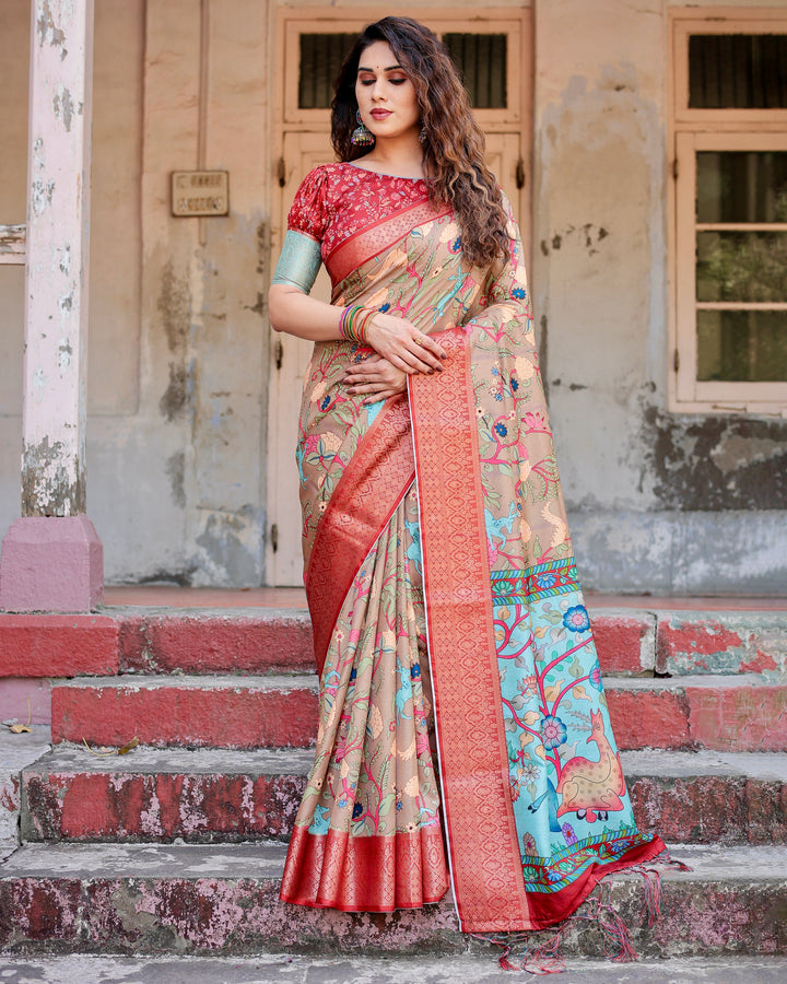 Beige Tussar Silk Saree with Kalamkari Floral Print, Coral Red Woven Border, Tassels & Attached Blouse