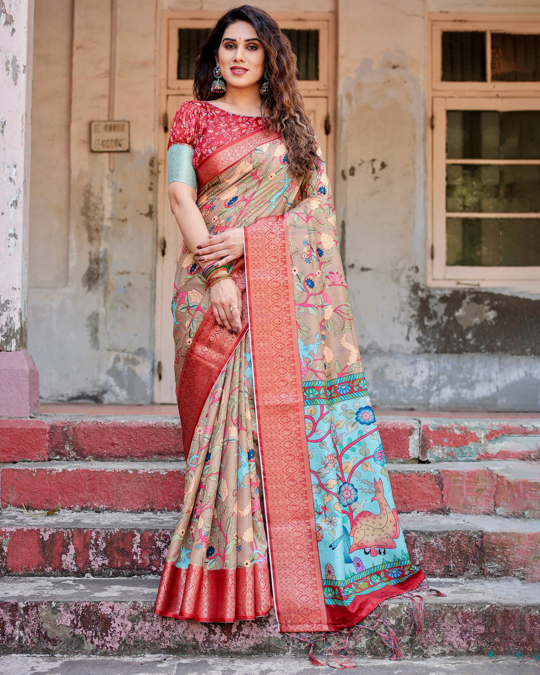 Beige Tussar Silk Saree with Kalamkari Floral Print, Coral Red Woven Border, Tassels & Attached Blouse