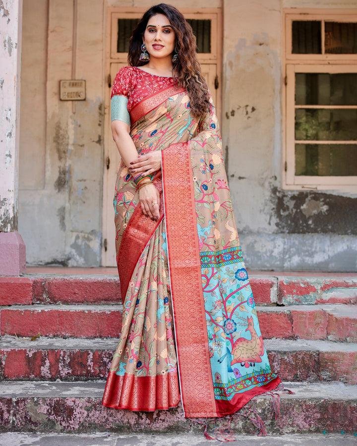 Beige Tussar Silk Saree with Kalamkari Floral Print, Coral Red Woven Border, Tassels & Attached Blouse