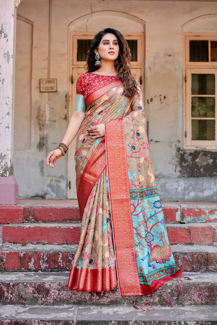 Beige Tussar Silk Saree with Kalamkari Floral Print, Coral Red Woven Border, Tassels & Attached Blouse