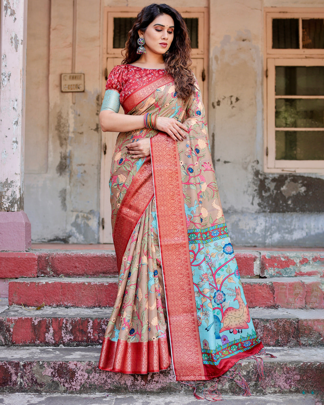 Beige Tussar Silk Saree with Kalamkari Floral Print, Coral Red Woven Border, Tassels & Attached Blouse