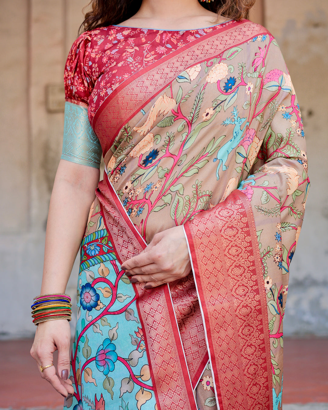 Beige Tussar Silk Saree with Kalamkari Floral Print, Coral Red Woven Border, Tassels & Attached Blouse