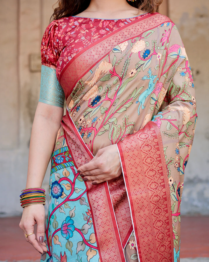 Beige Tussar Silk Saree with Kalamkari Floral Print, Coral Red Woven Border, Tassels & Attached Blouse