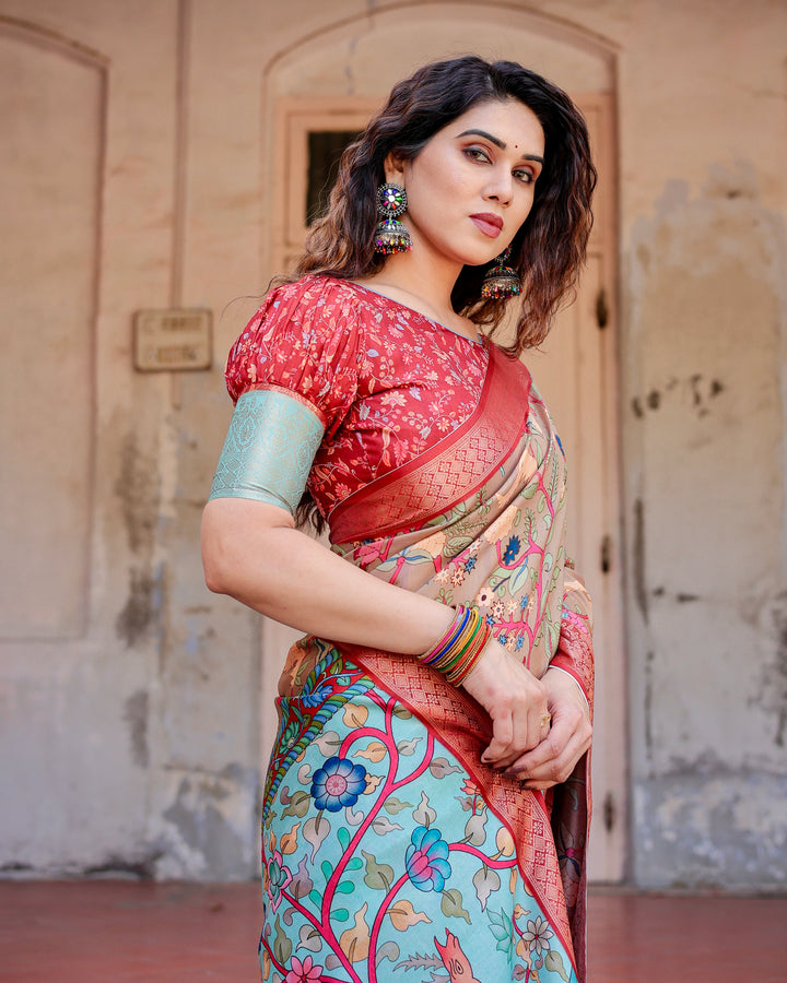 Beige Tussar Silk Saree with Kalamkari Floral Print, Coral Red Woven Border, Tassels & Attached Blouse