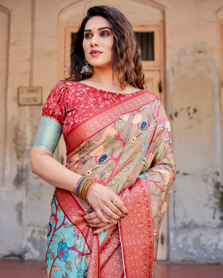 Beige Tussar Silk Saree with Kalamkari Floral Print, Coral Red Woven Border, Tassels & Attached Blouse