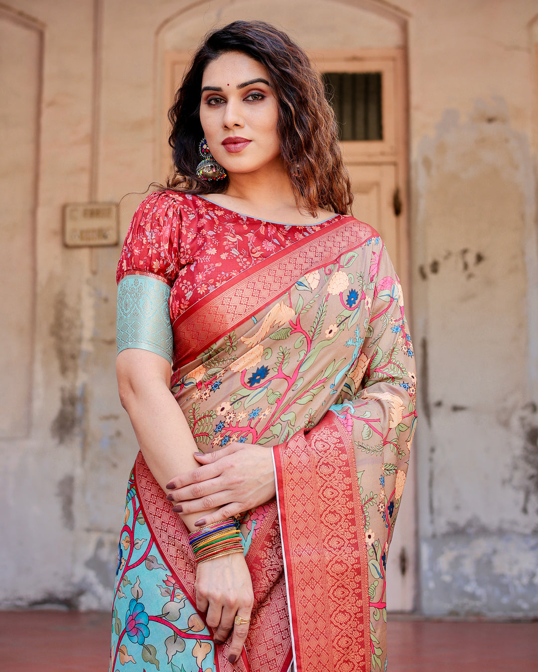 Beige Tussar Silk Saree with Kalamkari Floral Print, Coral Red Woven Border, Tassels & Attached Blouse