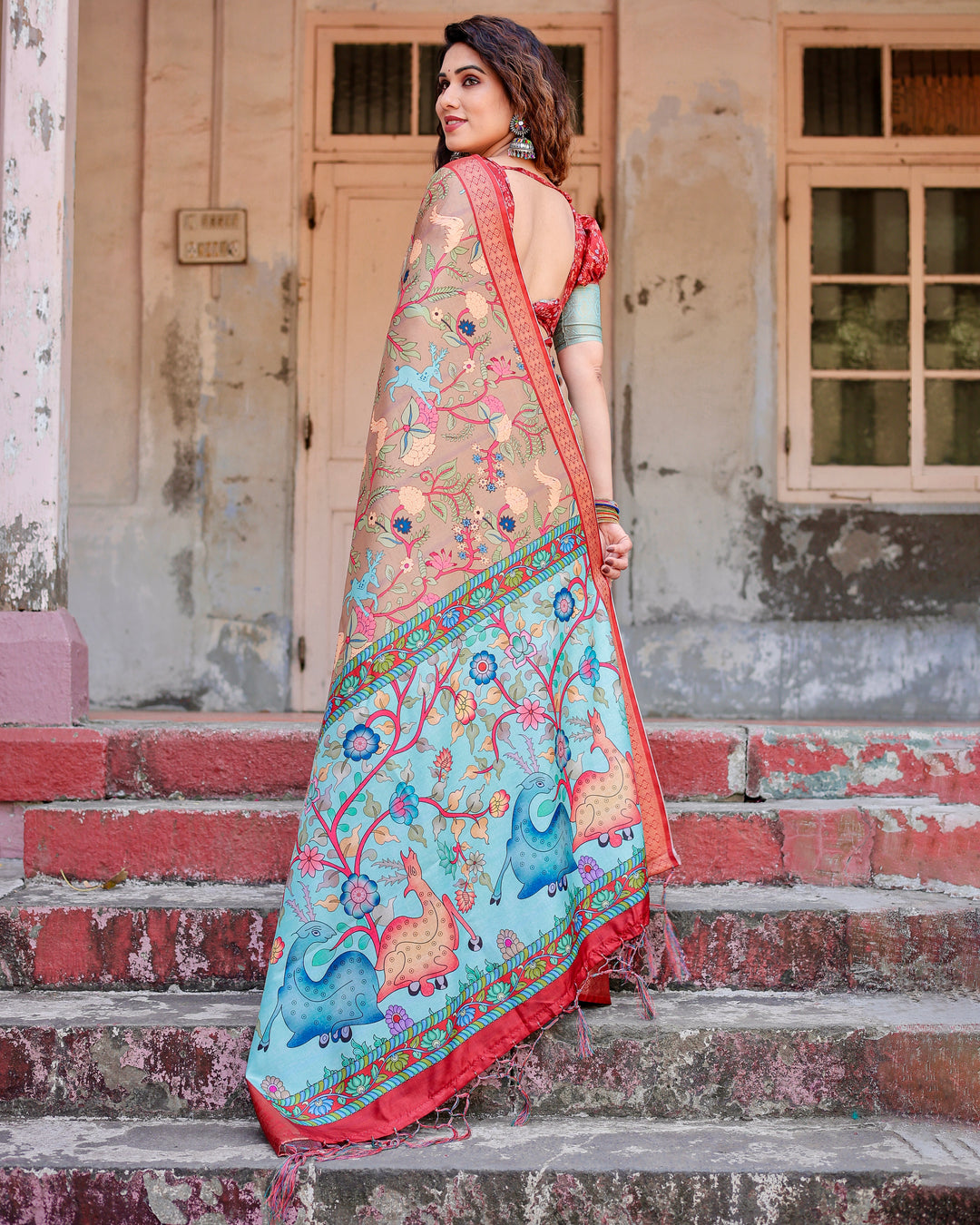 Beige Tussar Silk Saree with Kalamkari Floral Print, Coral Red Woven Border, Tassels & Attached Blouse