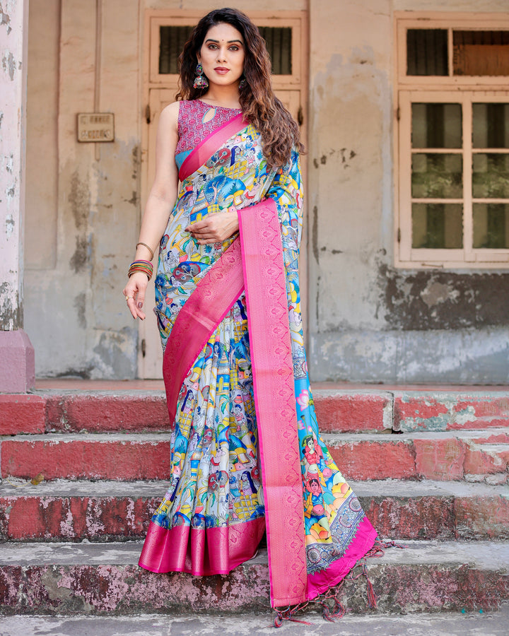 Multicolour Tussar Silk Saree with Indian Folk Art Print, Rani Pink Woven Border, Tassels & Attached Blouse