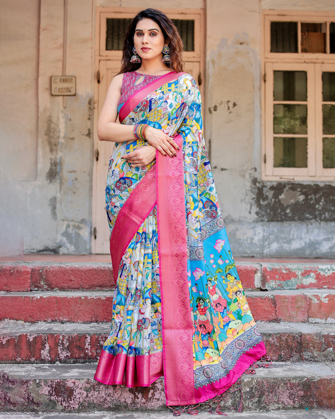 Multicolour Tussar Silk Saree with Indian Folk Art Print, Rani Pink Woven Border, Tassels & Attached Blouse