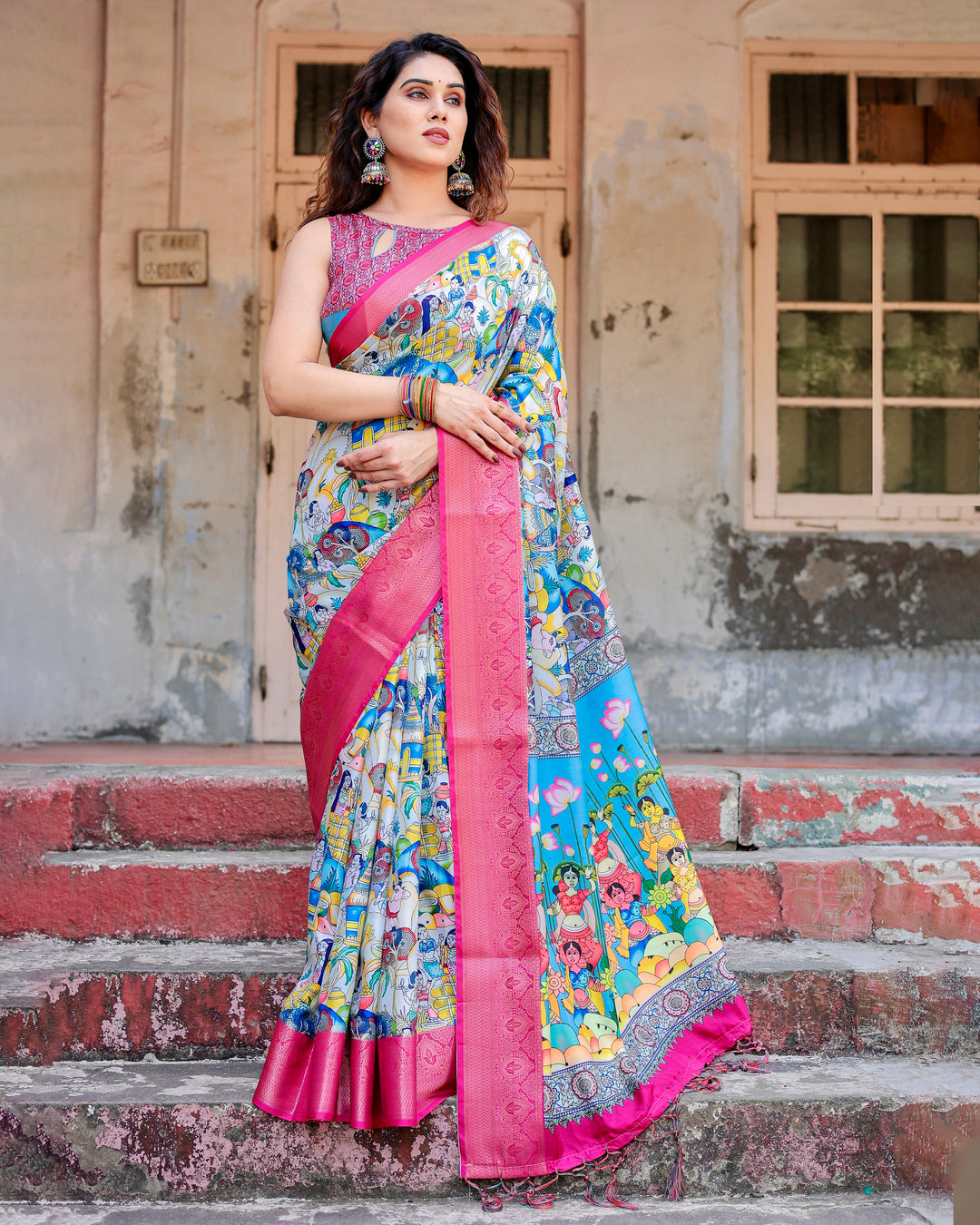 Multicolour Tussar Silk Saree with Indian Folk Art Print, Rani Pink Woven Border, Tassels & Attached Blouse