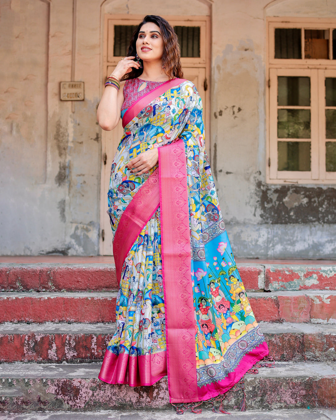 Multicolour Tussar Silk Saree with Indian Folk Art Print, Rani Pink Woven Border, Tassels & Attached Blouse