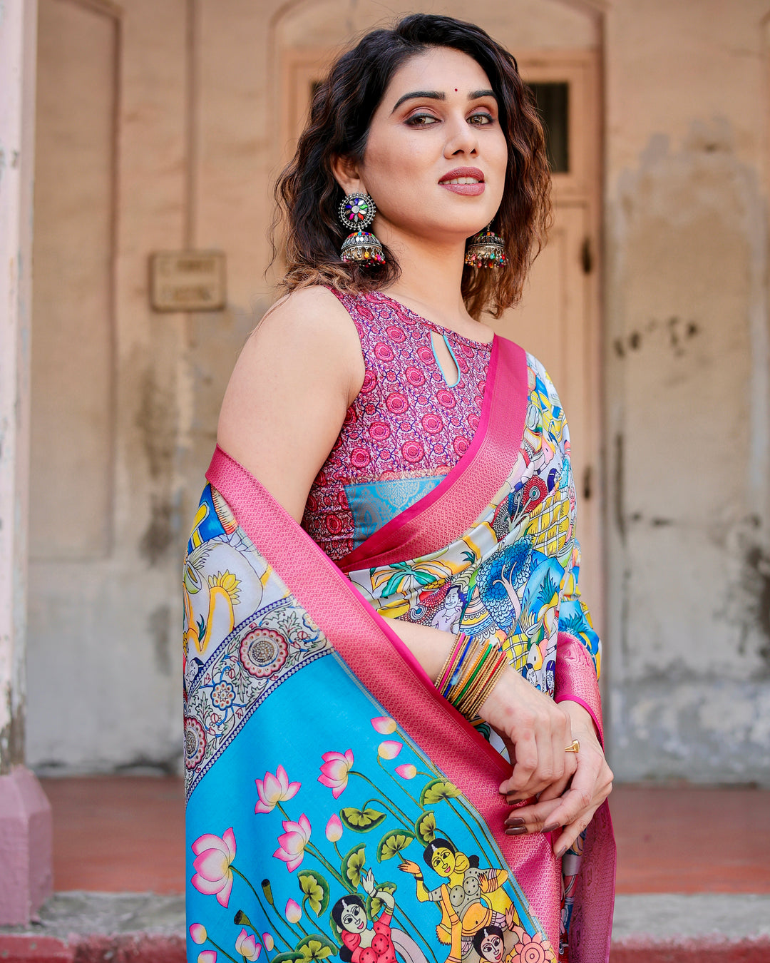 Multicolour Tussar Silk Saree with Indian Folk Art Print, Rani Pink Woven Border, Tassels & Attached Blouse