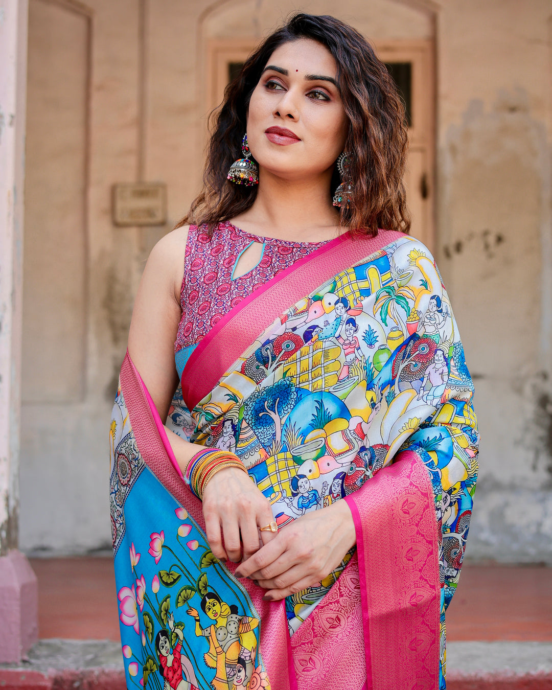 Multicolour Tussar Silk Saree with Indian Folk Art Print, Rani Pink Woven Border, Tassels & Attached Blouse