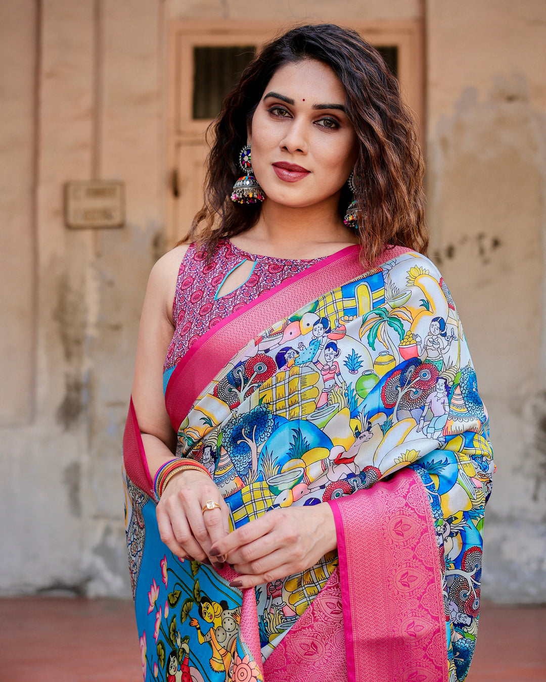 Multicolour Tussar Silk Saree with Indian Folk Art Print, Rani Pink Woven Border, Tassels & Attached Blouse