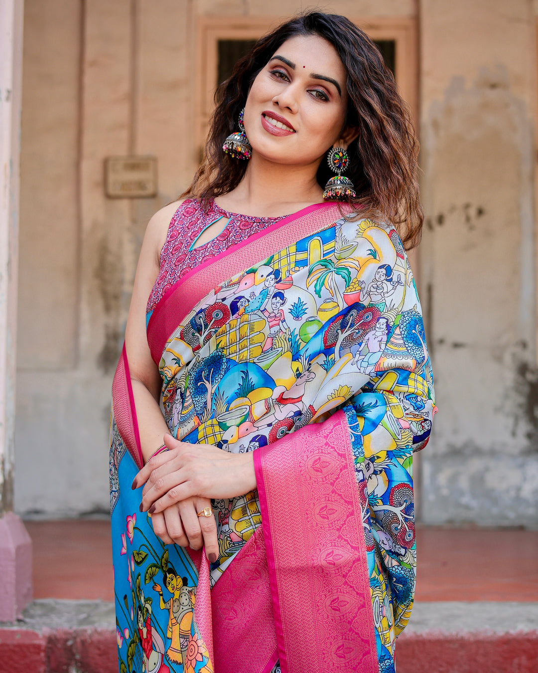 Multicolour Tussar Silk Saree with Indian Folk Art Print, Rani Pink Woven Border, Tassels & Attached Blouse
