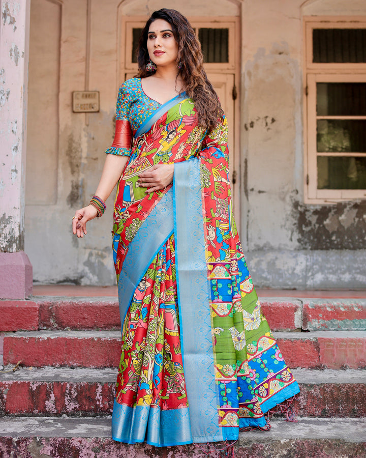 Red Multicolour Tussar Silk Saree with Traditional Folk Art Print, Sky Blue Woven Border, Tassels & Attached Blouse