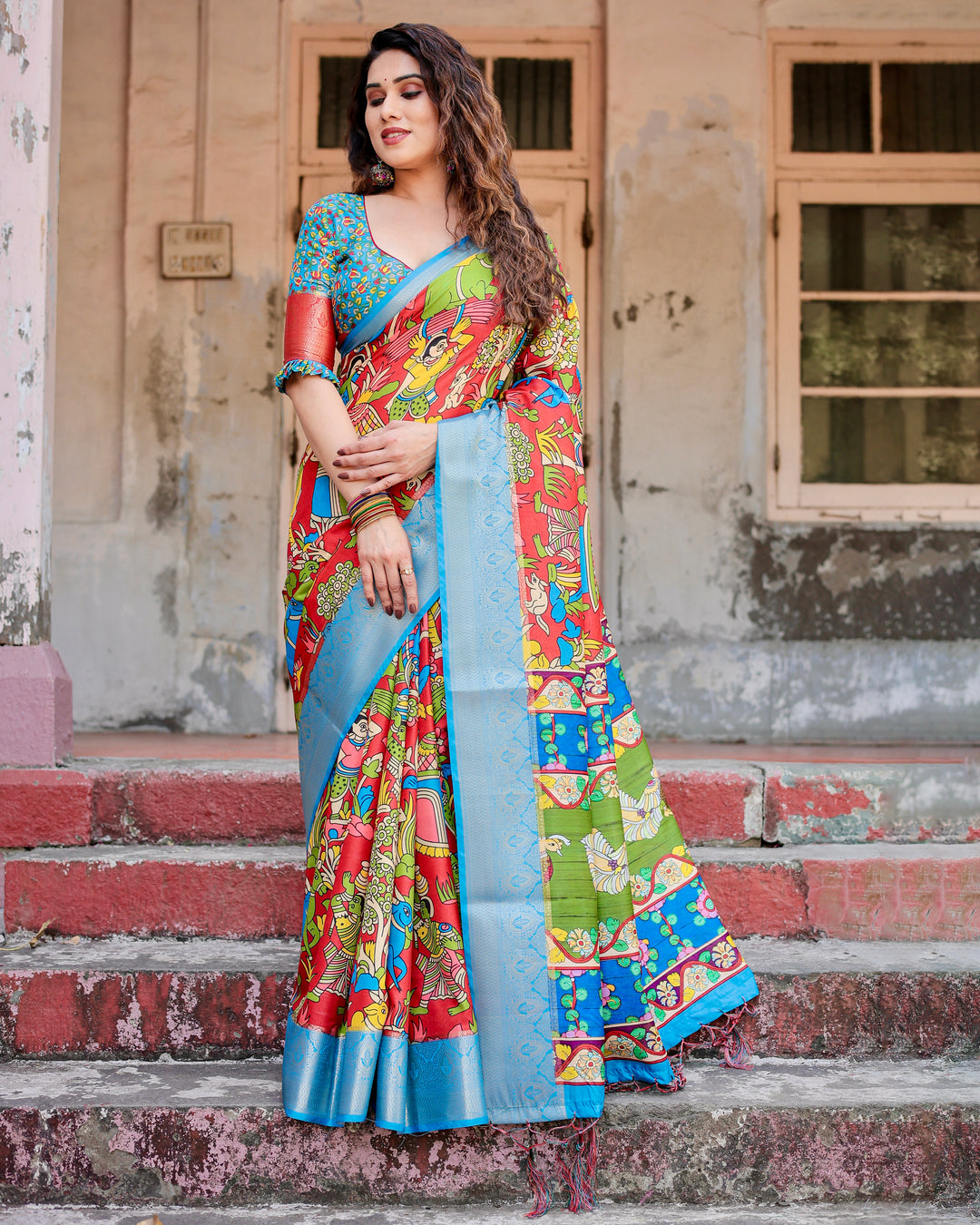 Red Multicolour Tussar Silk Saree with Traditional Folk Art Print, Sky Blue Woven Border, Tassels & Attached Blouse
