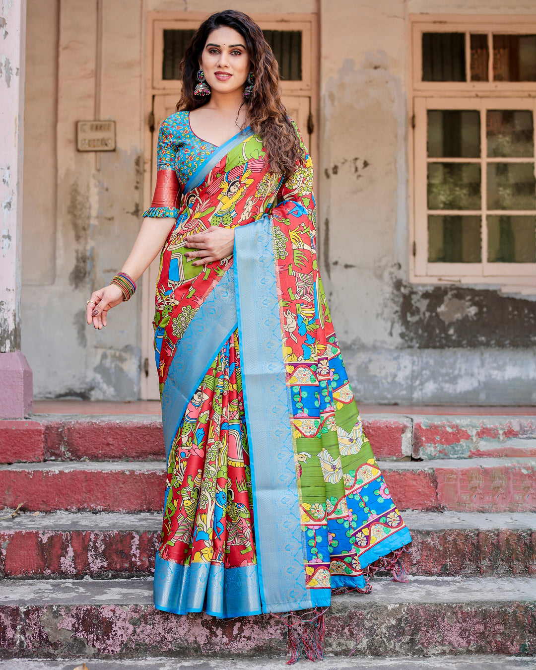 Red Multicolour Tussar Silk Saree with Traditional Folk Art Print, Sky Blue Woven Border, Tassels & Attached Blouse