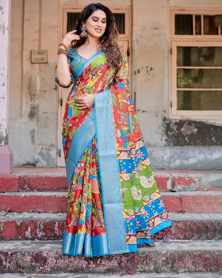 Red Multicolour Tussar Silk Saree with Traditional Folk Art Print, Sky Blue Woven Border, Tassels & Attached Blouse